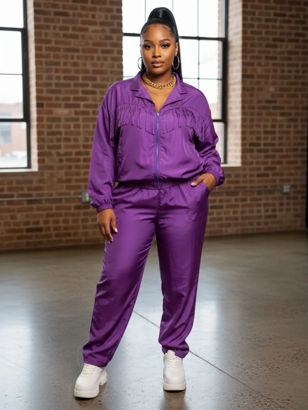 VTG Kathy White 100% Silk Fringe Tracksuit Set Purple Plus Size 4X NWT 1995